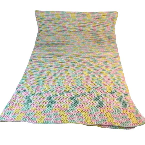 Handmade Hand Crotchet Baby Blanket Pastels Pink Yellow Green White 56” X 40” - Picture 4 of 5